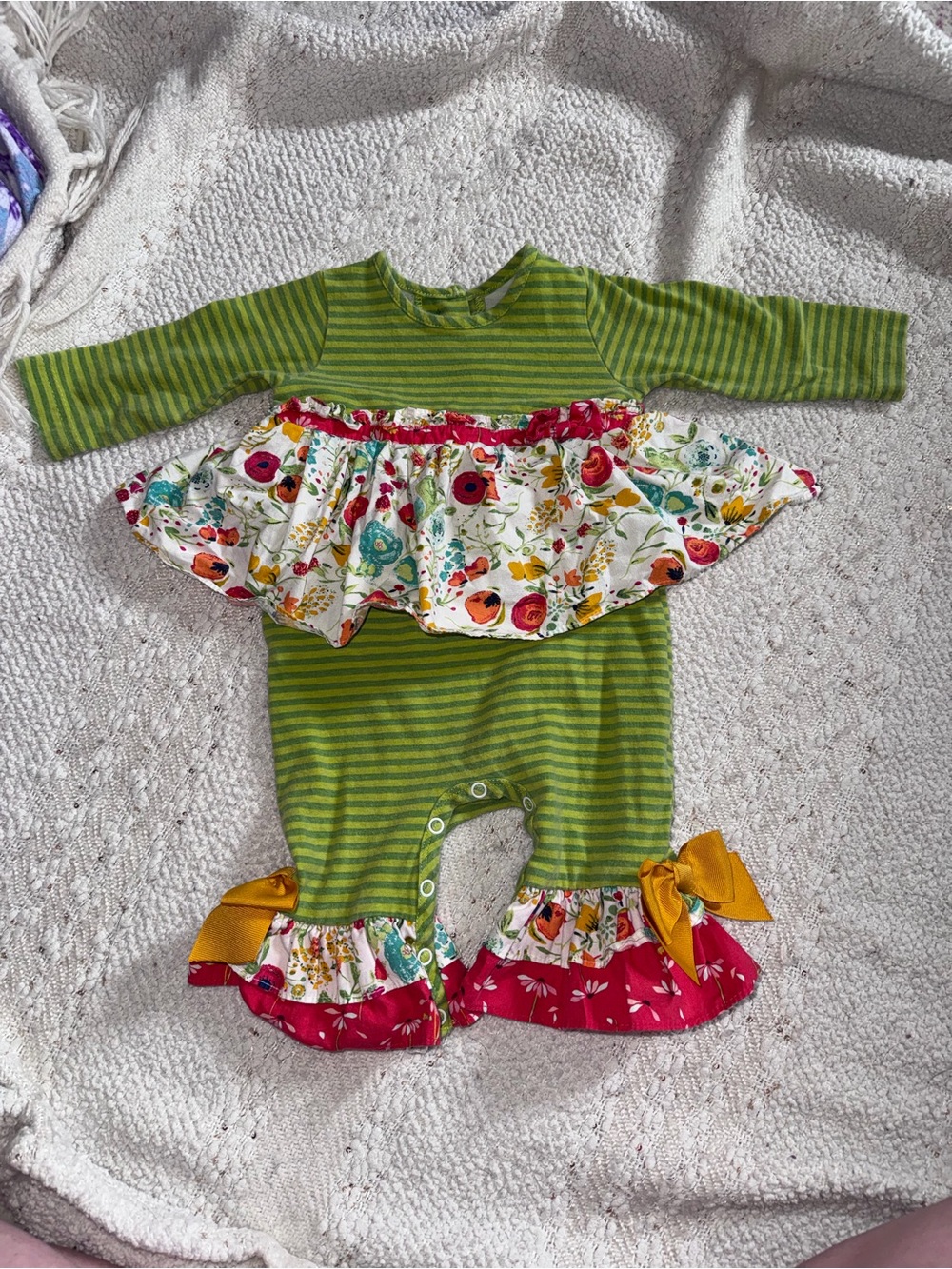 RICRAC & RUFFLES Green Striped Floral Ruffle Baby Romper